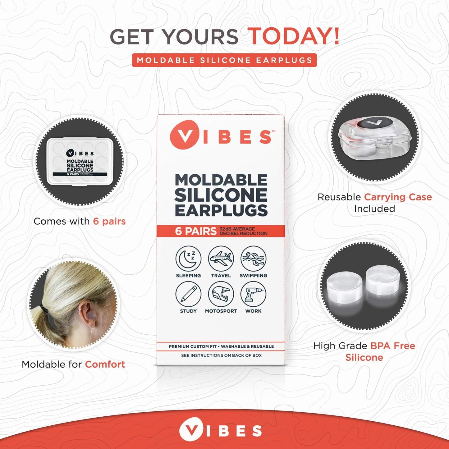 Vibes Silicone Ear Plugs - 6 Pairs Reusable Earplugs, Moldable Waterproof Gel