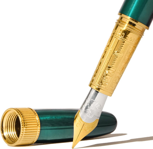 Ferris Wheel Press | Joule Fountain Pen | Engravers Teal | Double Gold Plated, Sapphire Lacquer Finish | Two-Tone Steel Nib | Leather Sleeve/Fine
