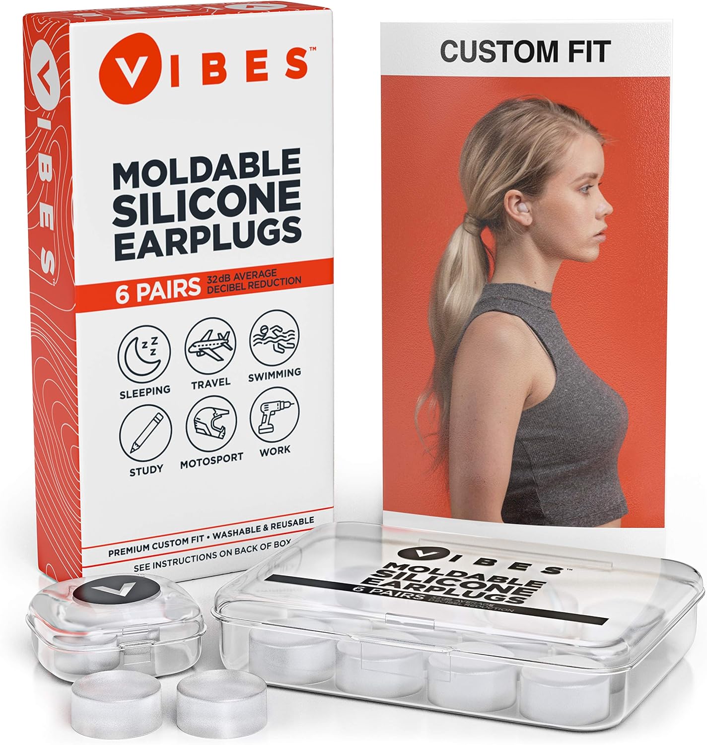Vibes Silicone Ear Plugs - 6 Pairs Reusable Earplugs, Moldable Waterproof Gel