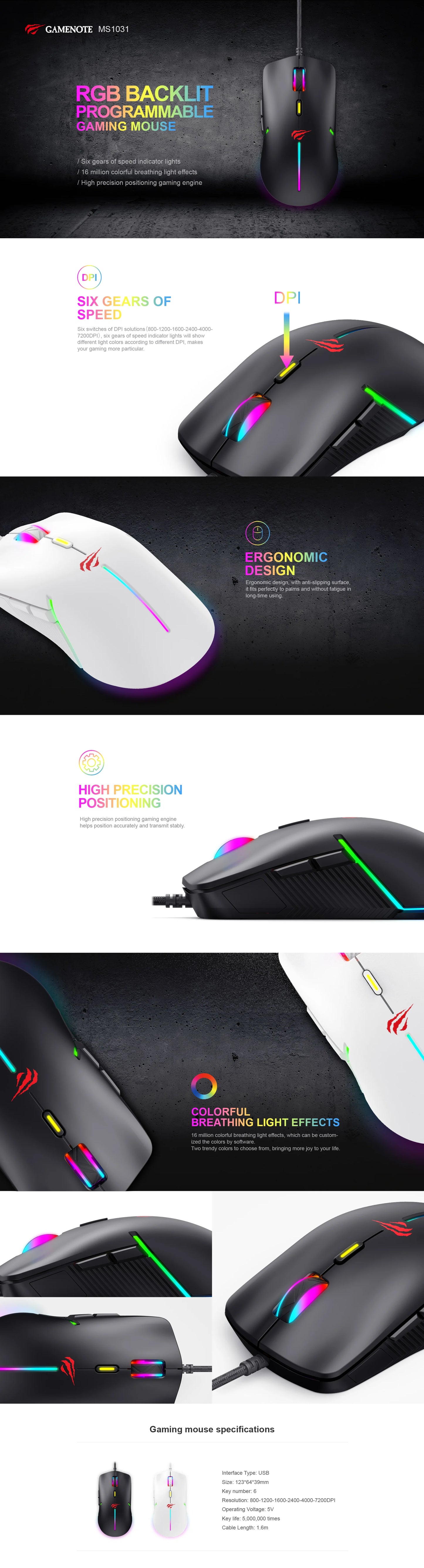 HAVIT MS1031 RGB Gaming Mouse 800-7200 DPI