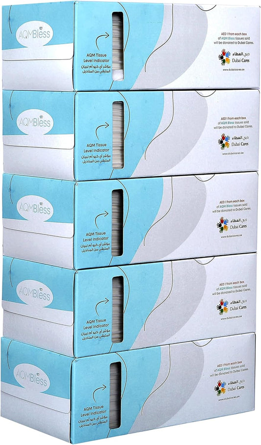 AQM Bless Facial Tissue Box - Multi-Use Box with Bookmark, Ruler, Recipes, Conversion Table, AQM Tissue Level Indicator, 5 Boxes x 200 Tissues Per Box (1000 tissues)