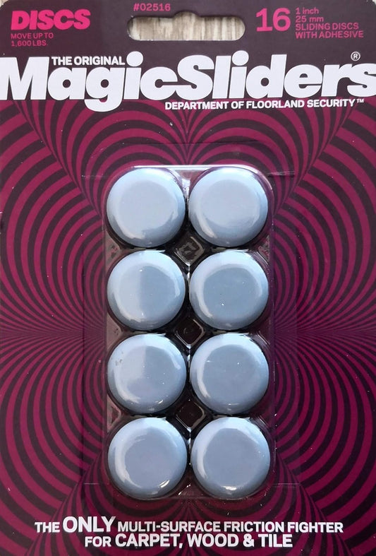 Magic Sliders 2516 - 1" Round Self-Adhesive Furniture Disc Sliders for Household Furniture to Protect Surfaces, Wood, Tile, Carpet, and Vinyl Floors (16 Pack)