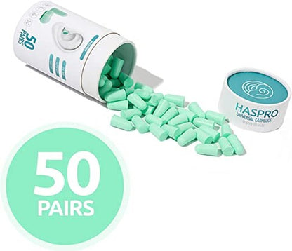 HASPRO [50 PAIRS] Eco-Friendly Bulk Pack, Ultra Soft Foam Earplugs in GIGA Tube with Carry Case, Best Earplugs for Noise Canceling, Snoring, Work, DIY, Noise Reduction SNR 38dB (Mint)