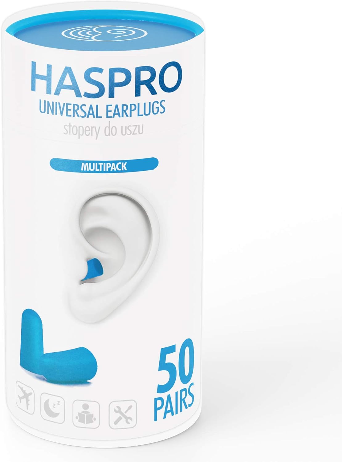 HASPRO [50 PAIRS] Eco-Friendly Bulk Pack, Ultra Soft Foam Earplugs in GIGA Tube with Carry Case, Best Earplugs for Noise Canceling, Snoring, Work, DIY, Noise Reduction SNR 38dB (Blue)