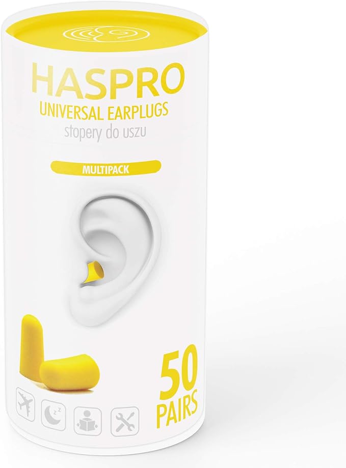 HASPRO [50 PAIRS] Eco-Friendly Bulk Pack, Ultra Soft Foam Earplugs in GIGA Tube with Carry Case, Best Earplugs for Noise Canceling, Snoring, Work, DIY, Noise Reduction SNR 38dB (Yellow)