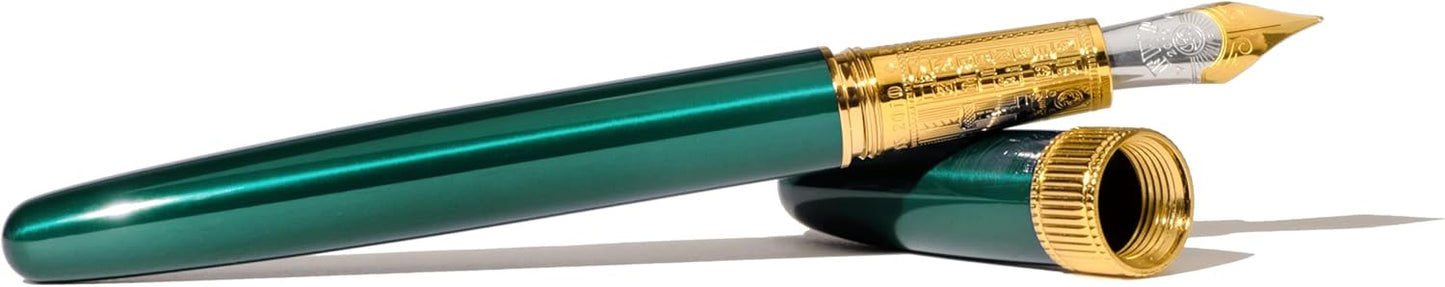 Ferris Wheel Press | Joule Fountain Pen | Engravers Teal | Double Gold Plated, Sapphire Lacquer Finish | Two-Tone Steel Nib | Leather Sleeve/Fine