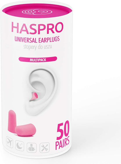 HASPRO [50 PAIRS] Eco-Friendly Bulk Pack, Ultra Soft Foam Earplugs in GIGA Tube with Carry Case, Best Earplugs for Noise Canceling, Snoring, Work, DIY, Noise Reduction SNR 38dB (Pink)