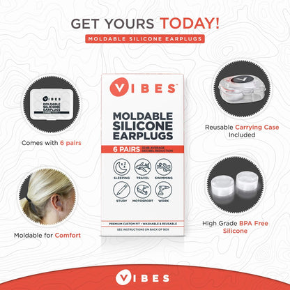 Vibes Silicone Ear Plugs - 6 Pairs Reusable Earplugs, Moldable Waterproof Gel