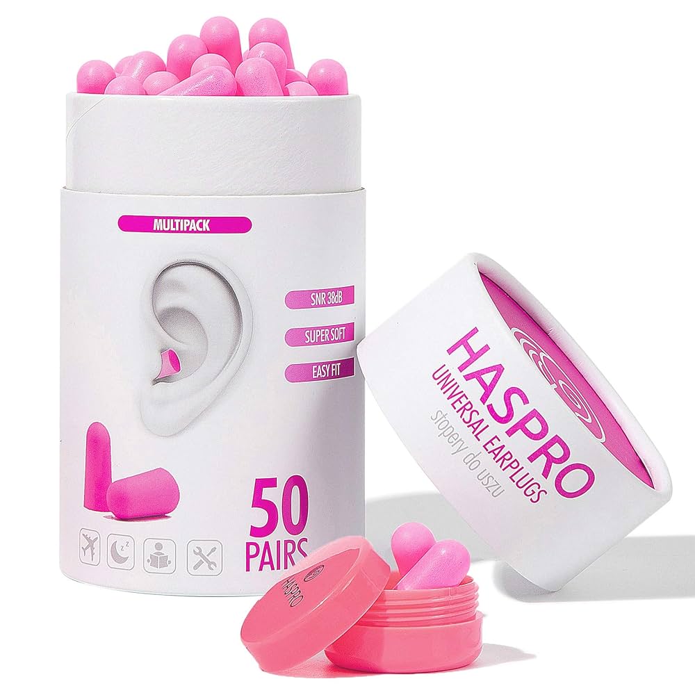 HASPRO [50 PAIRS] Eco-Friendly Bulk Pack, Ultra Soft Foam Earplugs in GIGA Tube with Carry Case, Best Earplugs for Noise Canceling, Snoring, Work, DIY, Noise Reduction SNR 38dB (Pink)
