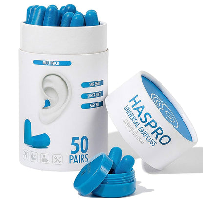 HASPRO [50 PAIRS] Eco-Friendly Bulk Pack, Ultra Soft Foam Earplugs in GIGA Tube with Carry Case, Best Earplugs for Noise Canceling, Snoring, Work, DIY, Noise Reduction SNR 38dB (Blue)