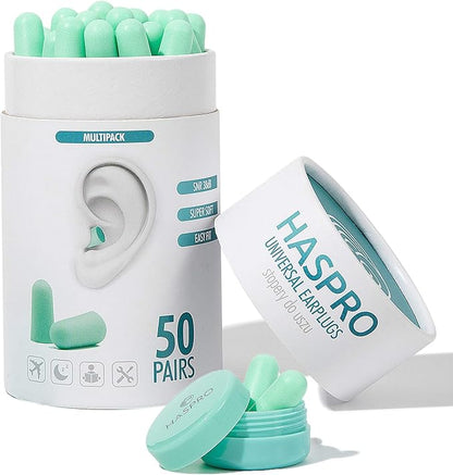 HASPRO [50 PAIRS] Eco-Friendly Bulk Pack, Ultra Soft Foam Earplugs in GIGA Tube with Carry Case, Best Earplugs for Noise Canceling, Snoring, Work, DIY, Noise Reduction SNR 38dB (Mint)