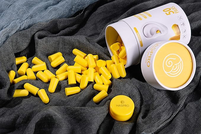 HASPRO [50 PAIRS] Eco-Friendly Bulk Pack, Ultra Soft Foam Earplugs in GIGA Tube with Carry Case, Best Earplugs for Noise Canceling, Snoring, Work, DIY, Noise Reduction SNR 38dB (Yellow)