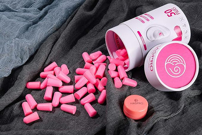 HASPRO [50 PAIRS] Eco-Friendly Bulk Pack, Ultra Soft Foam Earplugs in GIGA Tube with Carry Case, Best Earplugs for Noise Canceling, Snoring, Work, DIY, Noise Reduction SNR 38dB (Pink)