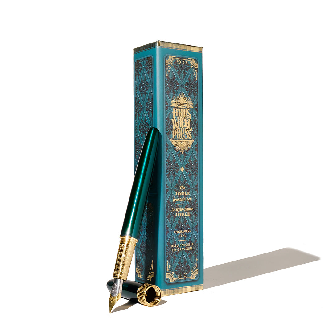 Ferris Wheel Press | Joule Fountain Pen | Engravers Teal | Double Gold Plated, Sapphire Lacquer Finish | Two-Tone Steel Nib | Leather Sleeve/Fine