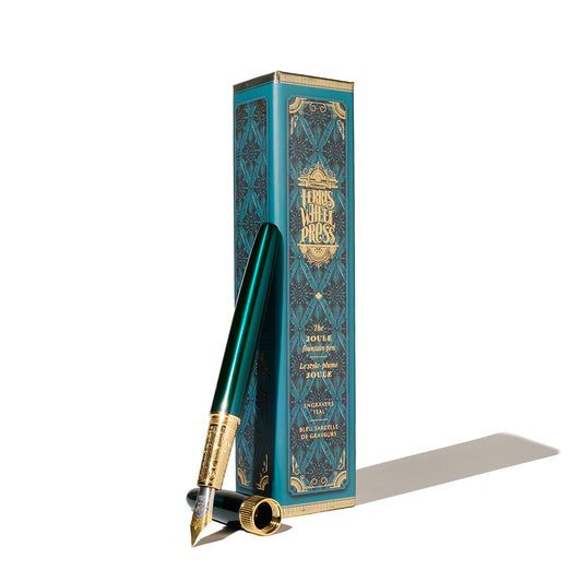 Ferris Wheel Press | Joule Fountain Pen | Engravers Teal | Double Gold Plated, Sapphire Lacquer Finish | Two-Tone Steel Nib | Leather Sleeve/Fine